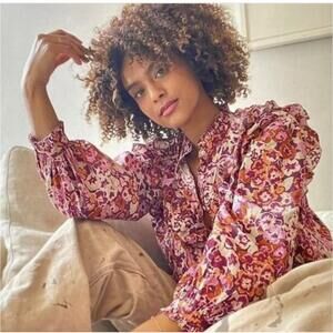 Love The Label Charissma Pink Floral Ruffle Pleated‎ VNeck Blouse Long Sleeve XS